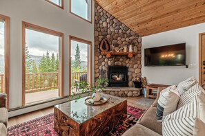 Smart TV, fireplace, DVD player, books