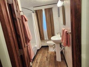 Hair dryer, towels, soap, shampoo