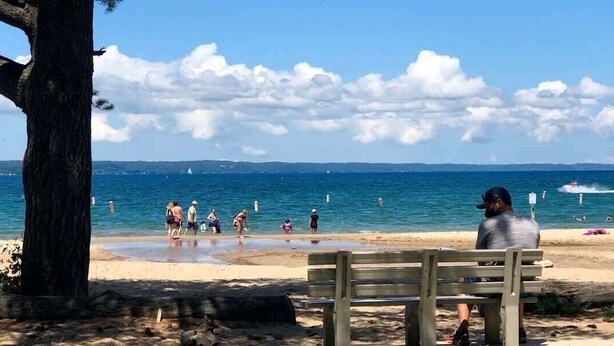 Una playa con un banco de madera, gente nadando y tomando el sol, y un velero en la distancia.