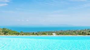 Enjoy a tranquil beachfront setting with ocean views and a lush tropical landscape.