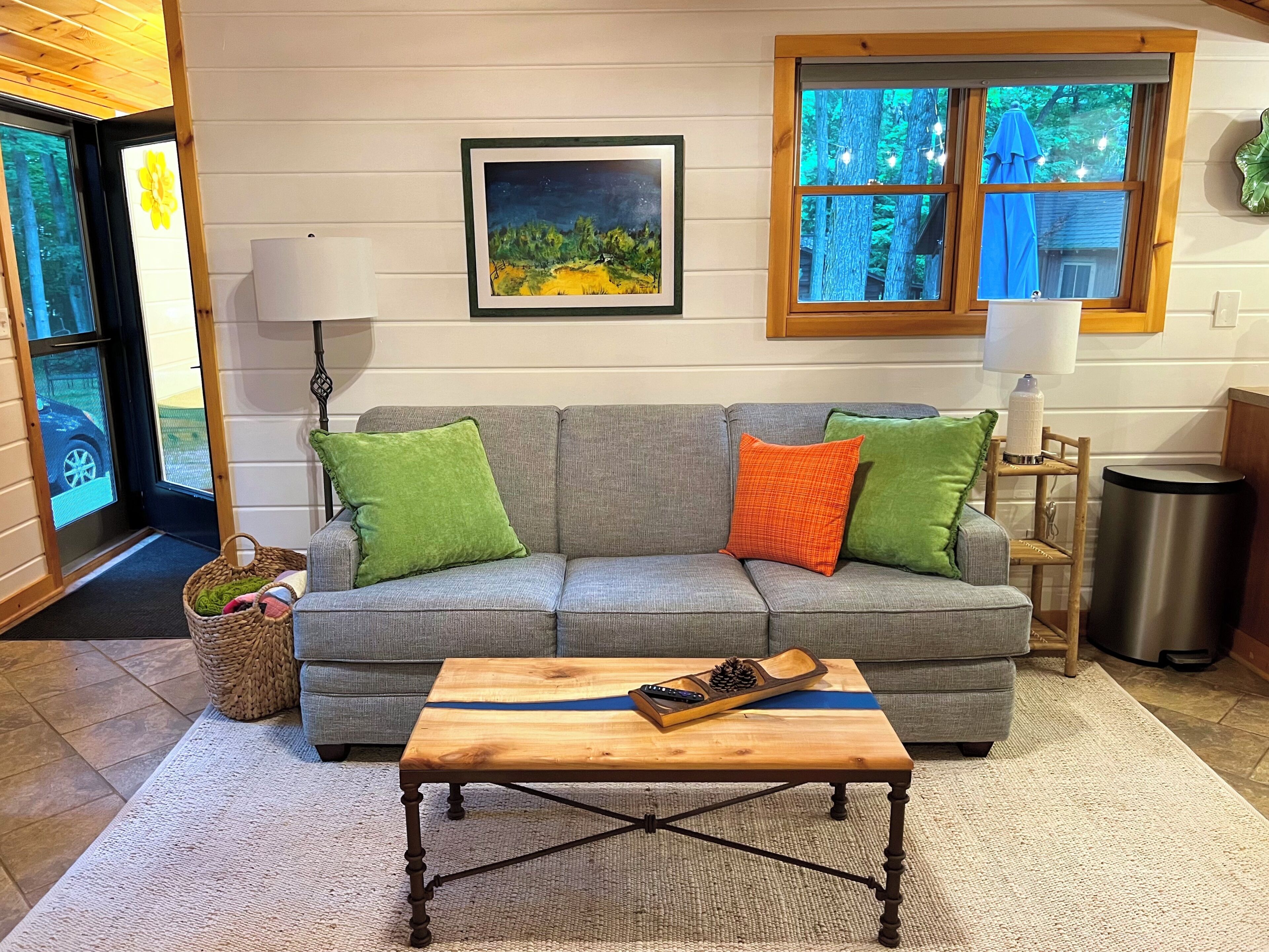 Smart TV, fireplace, books