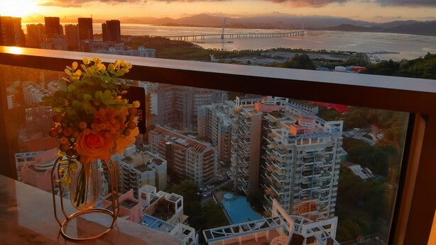 Un balcón con un jarrón de flores, con vistas a un paisaje urbano con rascacielos y un puente.