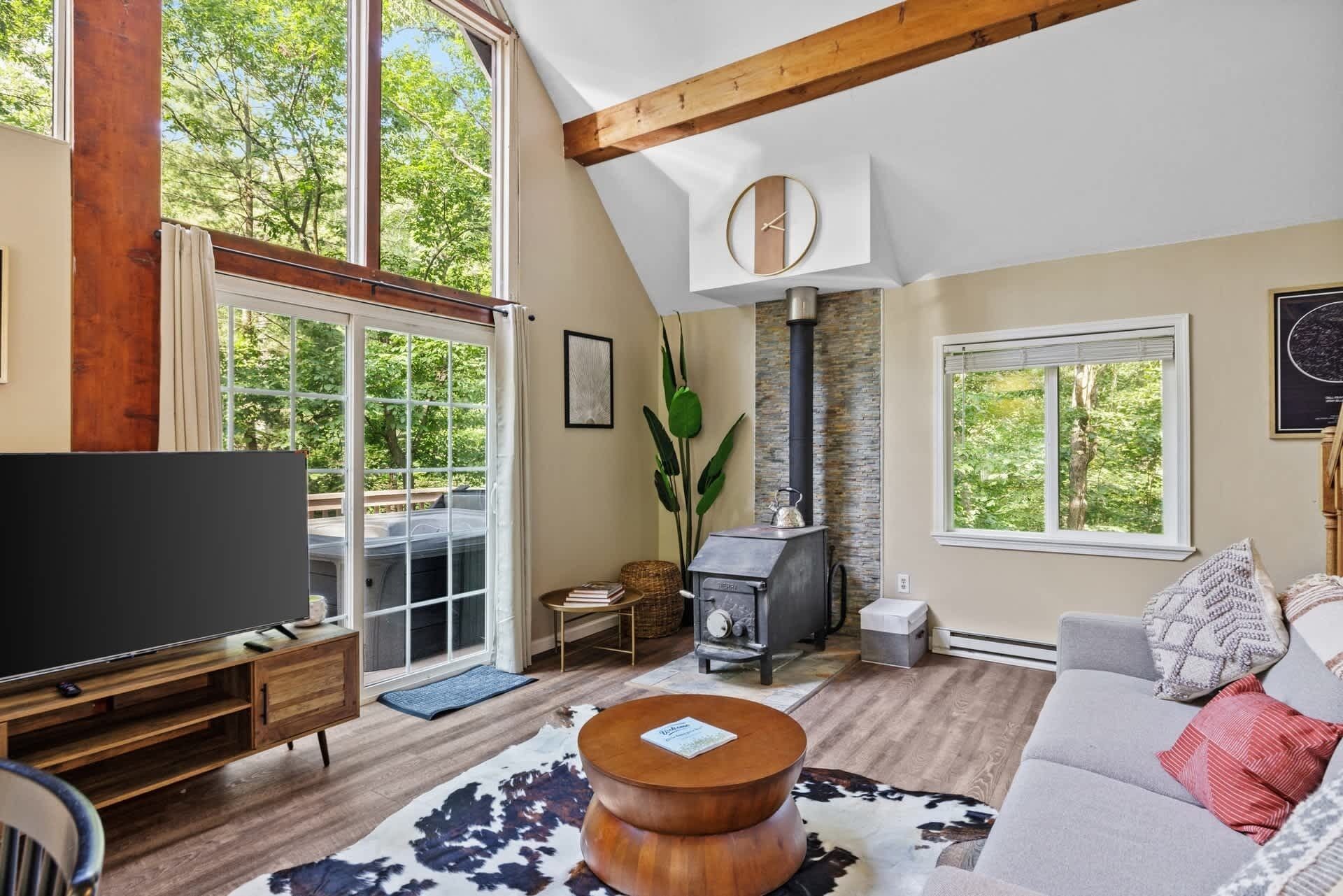 Televisio, takka, työhuone