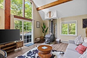 Televisión, chimenea y oficina 