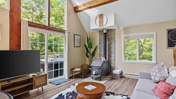 Tv, eldstad, böcker och kontor