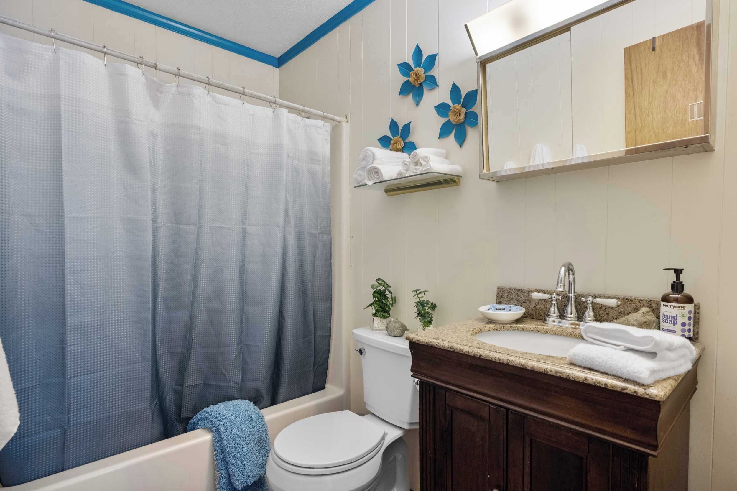 Shower, hair dryer, towels, shampoo