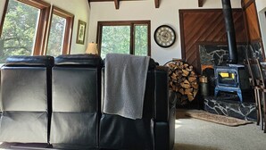 Una sala de estar acogedora con chimenea, asientos de cuero y un ventilador de techo.