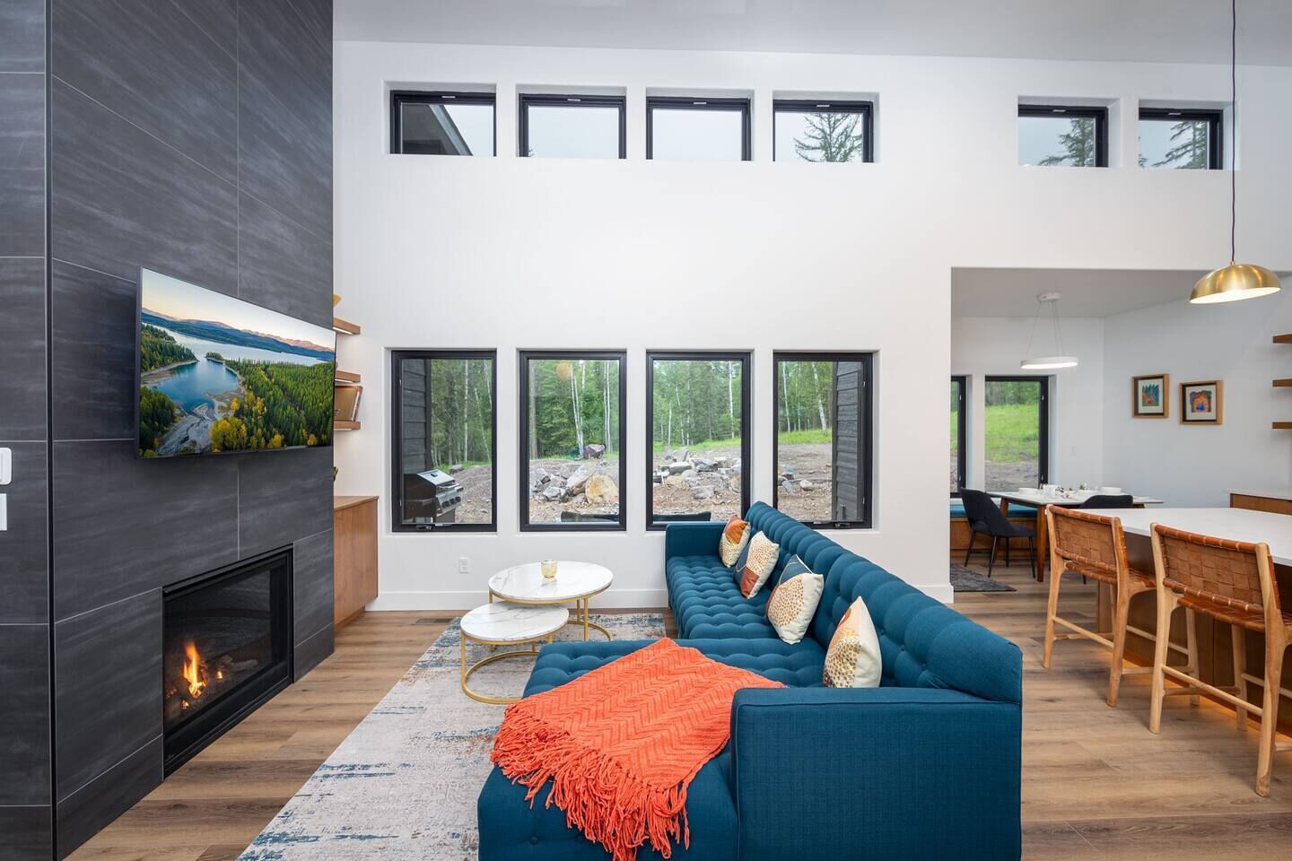 Smart TV, fireplace, books, stereo