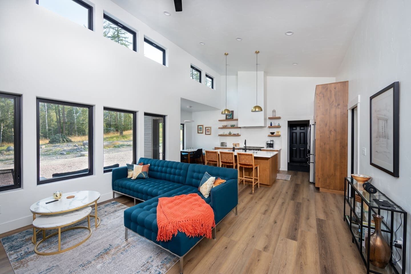 Smart TV, fireplace, books, stereo