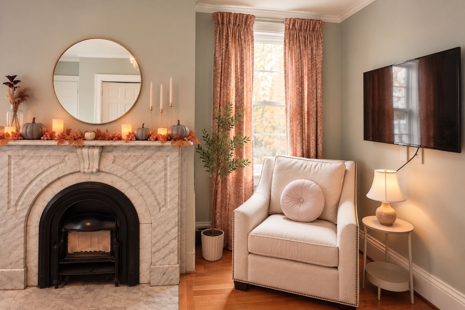 Una habitación con chimenea, un sofá, un televisor montado en la pared y una ventana con cortinas.
