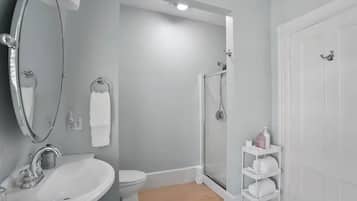 Une salle de bain avec un lavabo, des toilettes, une douche et une porte blanche.