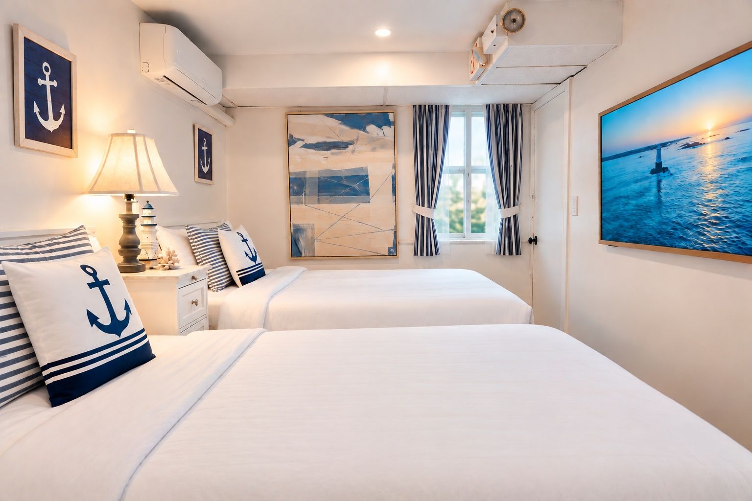 A hotel room with two beds, nautical-themed decor, a painting of a lighthouse, and a view of the sea.