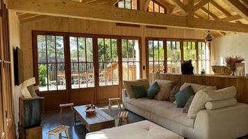 Televisie, een open haard en boeken