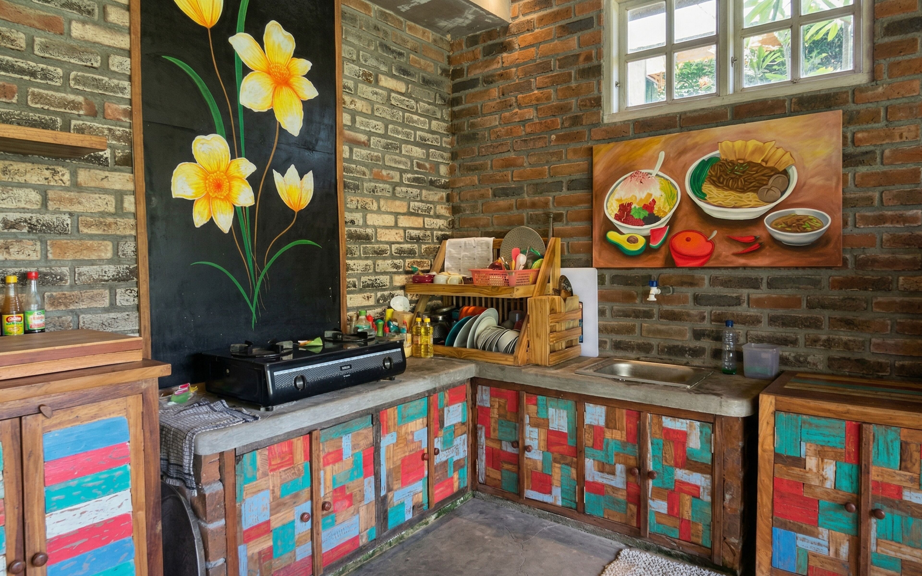 A kitchen with a brick wall, a painting of flowers, and a colorful cabinet.