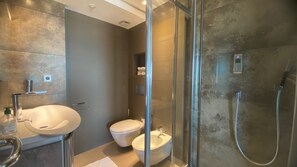 Shower, hair dryer, bidet, towels