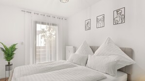 Ein modernes Schlafzimmer mit einem großen Bett, einem Nachttisch mit Lampe und einer Topfpflanze.
