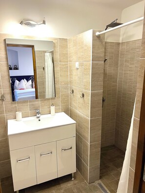 Regadera, secadora de cabello, toallas, jabón 