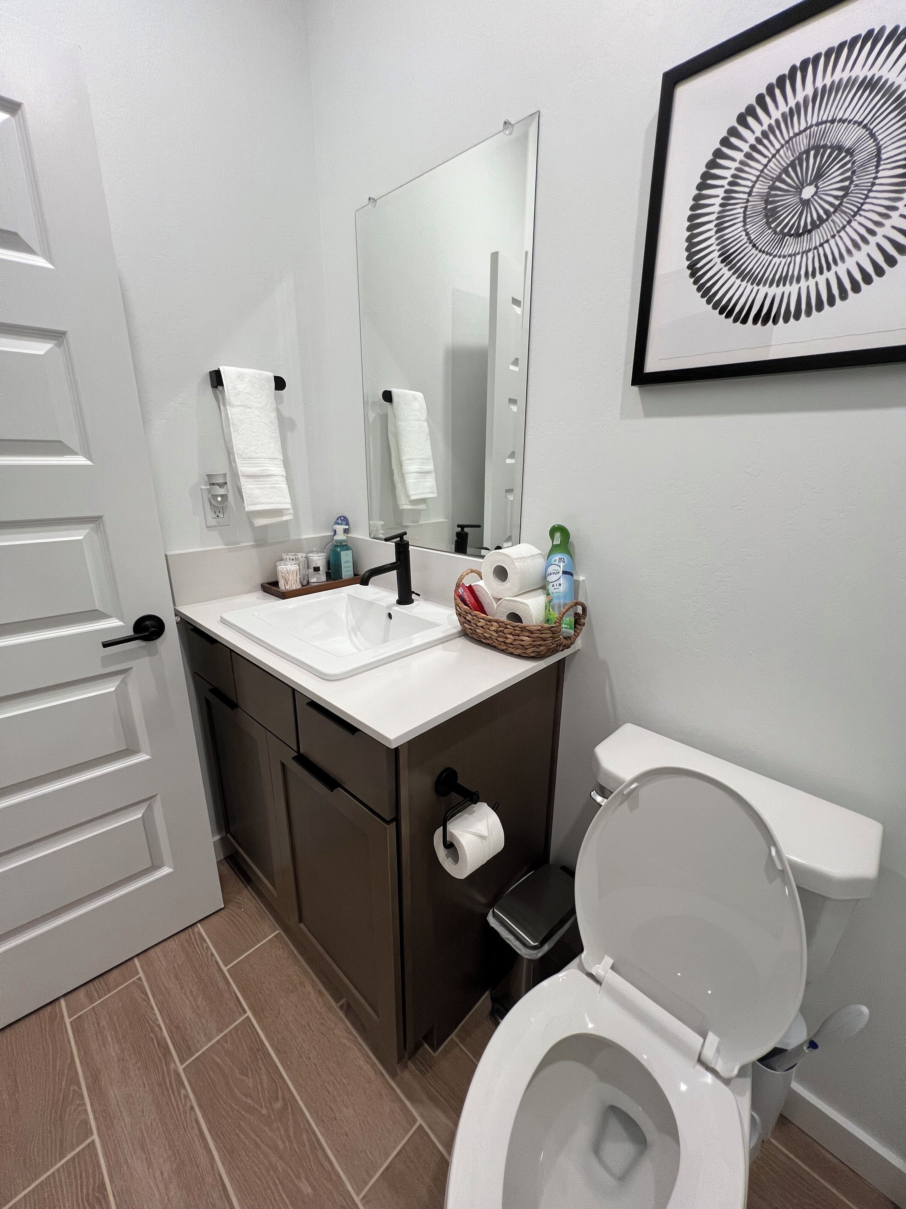A modern bathroom with a white sink, a mirror, a toilet, and a framed artwork on the wall.