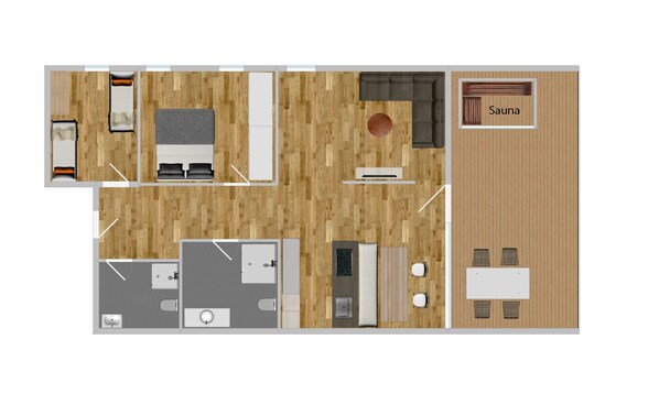 A hotel room layout with a bed, sofa, table, chairs, a sauna, and a bathroom.