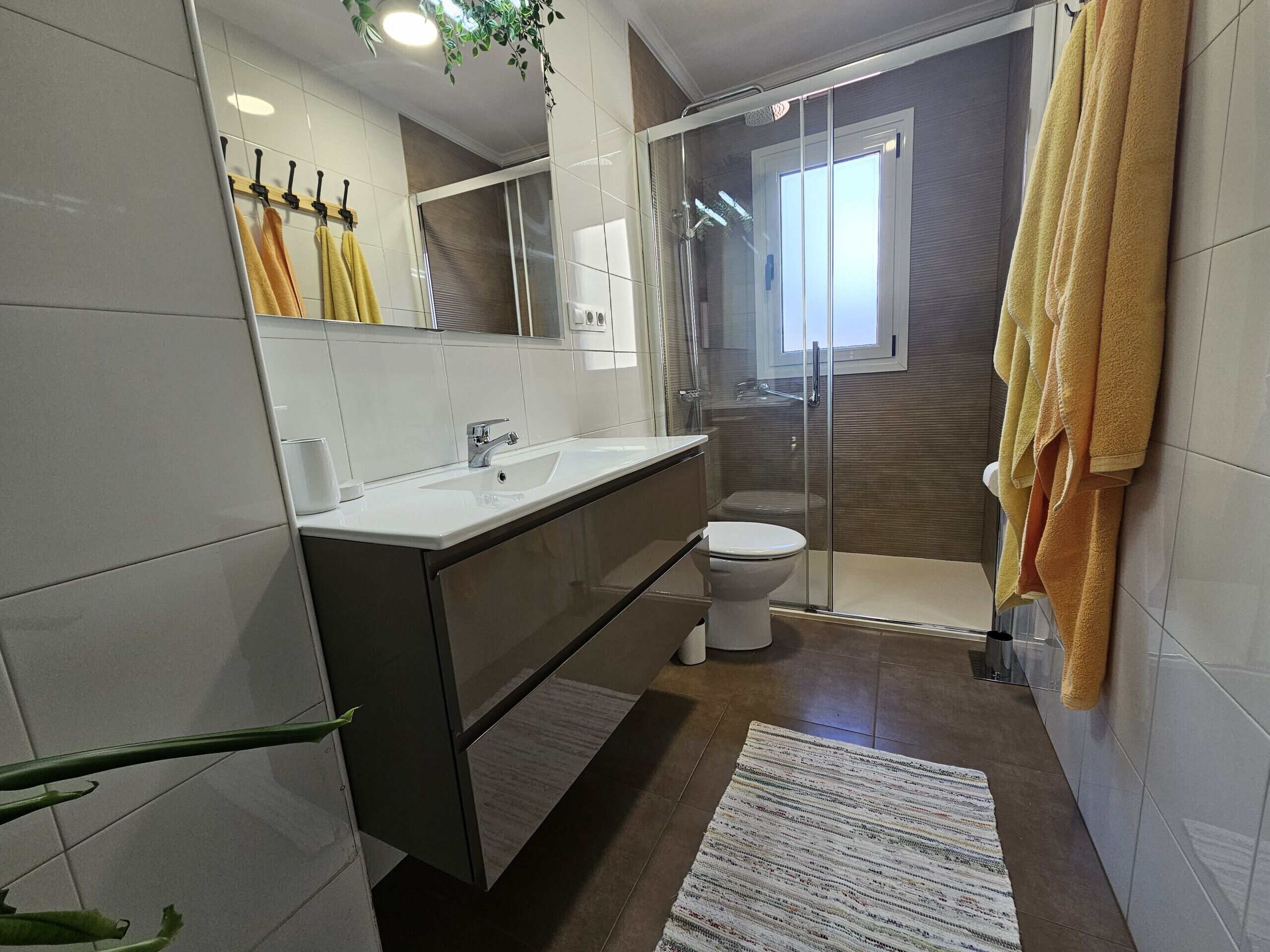Douche, séchoir à cheveux, serviettes fournies
