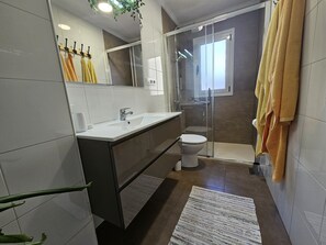 Shower, hair dryer, towels