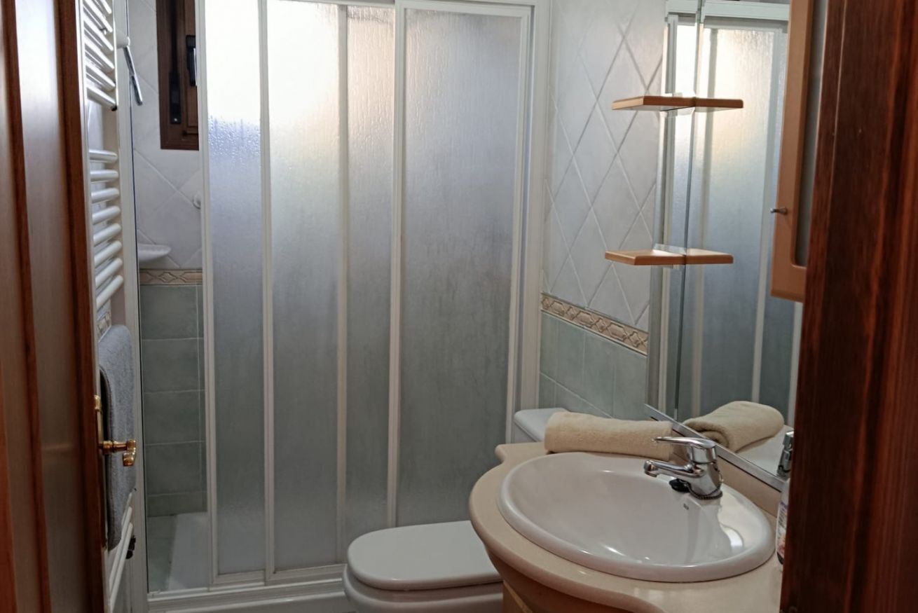 Une salle de bain avec des toilettes, un lavabo et une douche.
