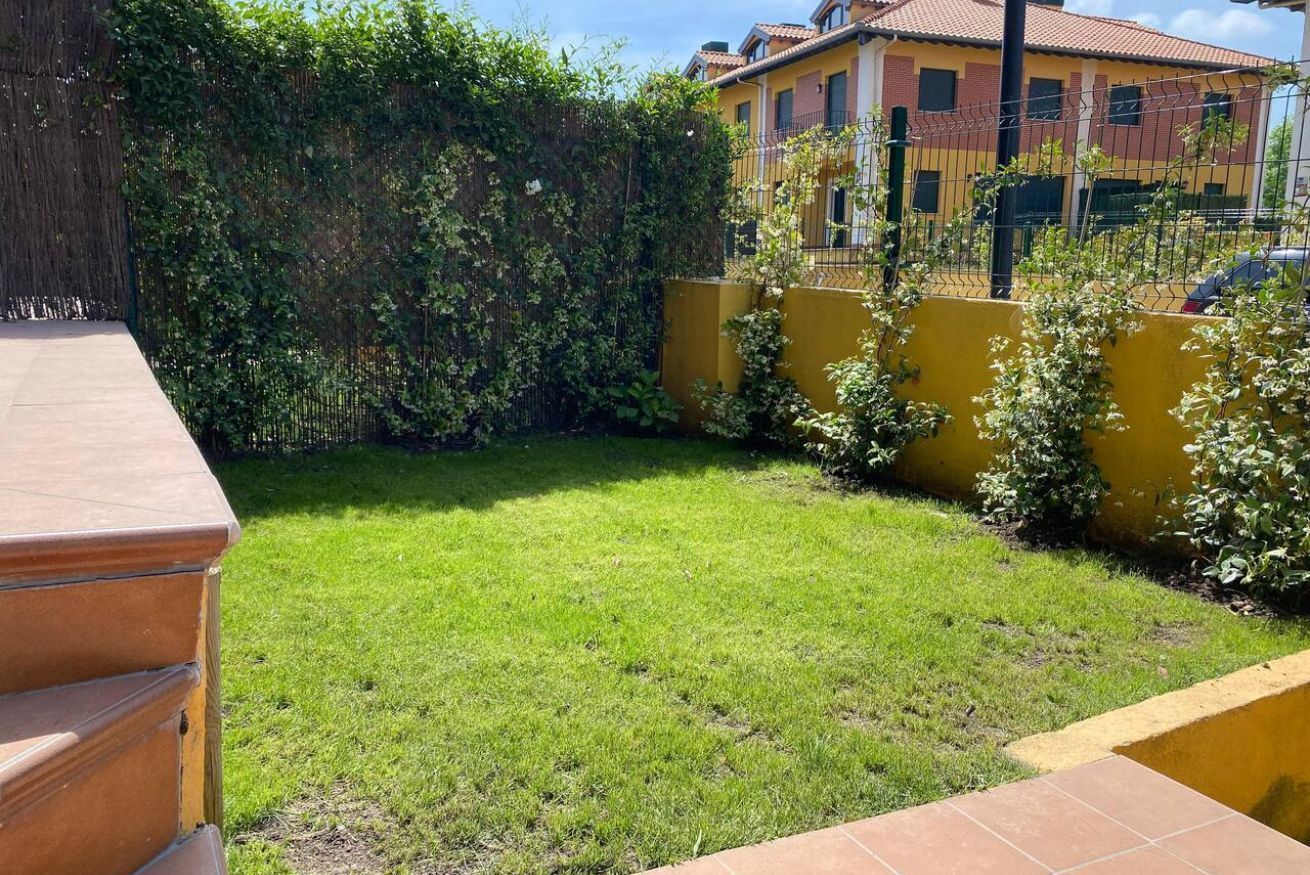Un jardin avec une pelouse verdoyante, un mur jaune et une clôture.