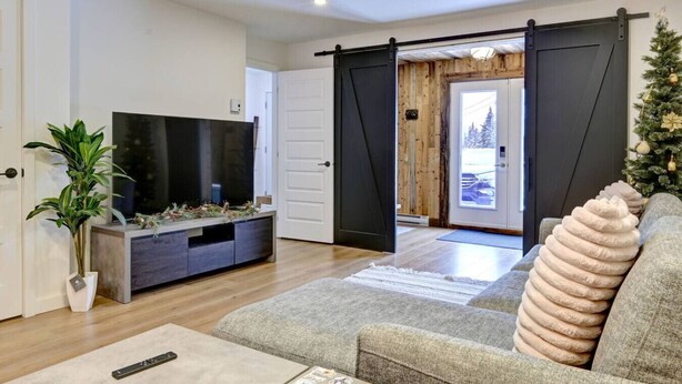 Un salon moderne avec un téléviseur à écran plat posé sur une console en bois, un canapé gris agrémenté d’un coussin décoratif et un sapin de Noël.