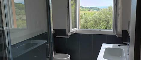 Shower, hair dryer, bidet, towels