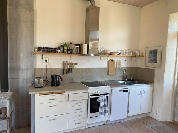 Microwave, stovetop, dishwasher, electric kettle