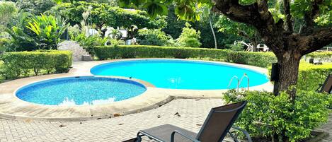 A swimming pool with two distinct sections, surrounded by lush greenery and a paved walkway.