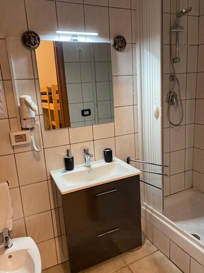 Regadera, secadora de cabello, bidet, toallas 