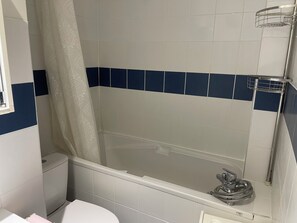 Bathroom features a bathtub, shower area, and toilet.