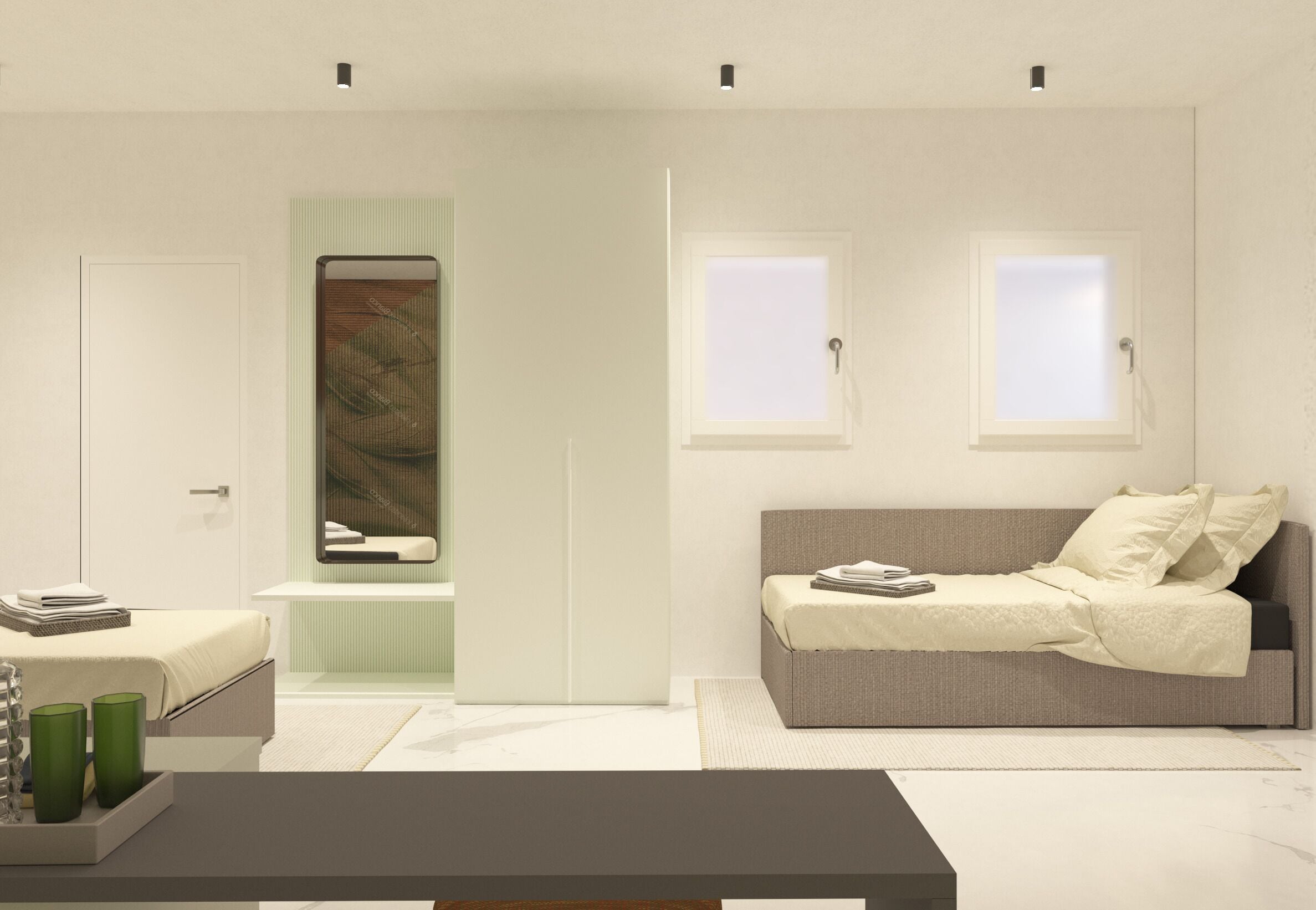 A modern bedroom with a bed, a sofa, a desk, and a window.