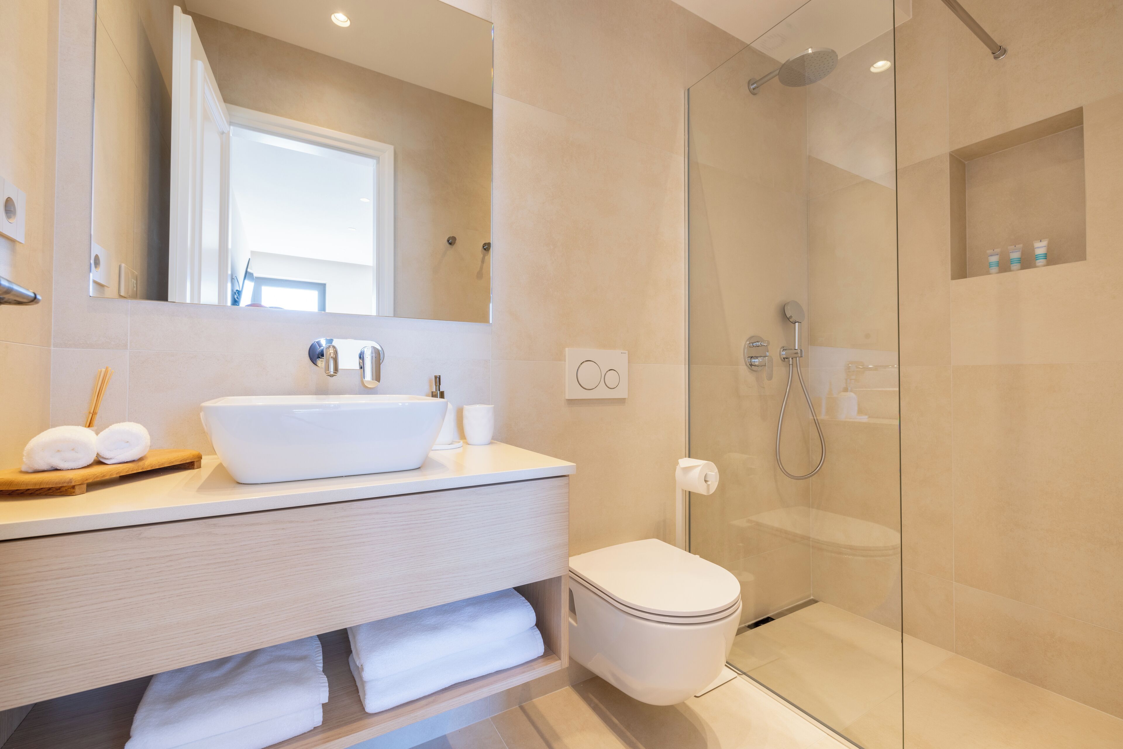 A modern bathroom with a large white sink, a glass shower enclosure, and a toilet.