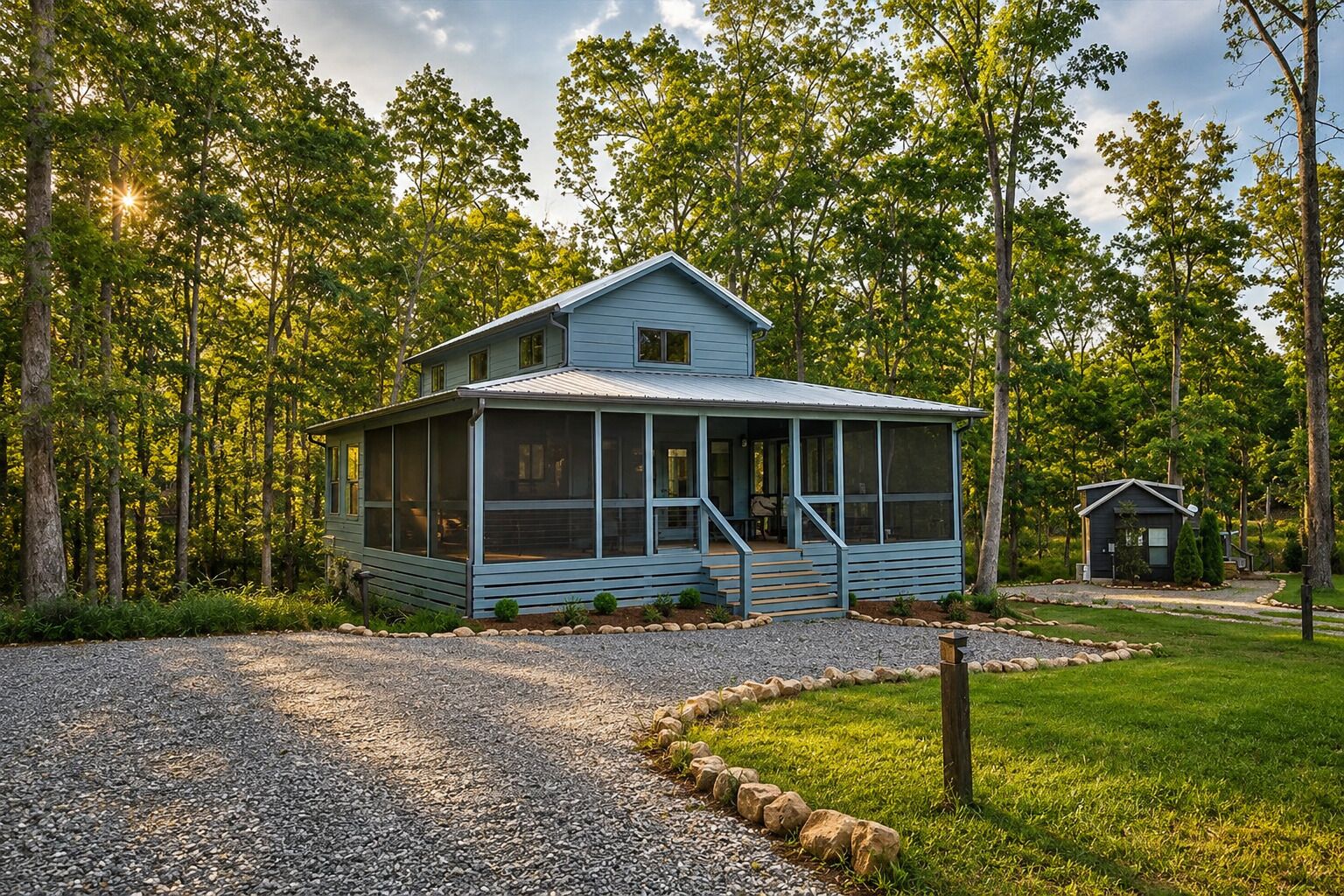 A two-story house with a porch and a small attached structure.