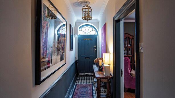A hallway with a checkered floor, a blue door, and a chandelier. - Linden House/Slane/Near NewGrange (Slane)