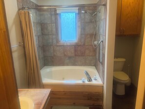 Jetted tub, hair dryer, towels, toilet paper