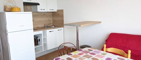 Fridge, microwave, stovetop, coffee/tea maker