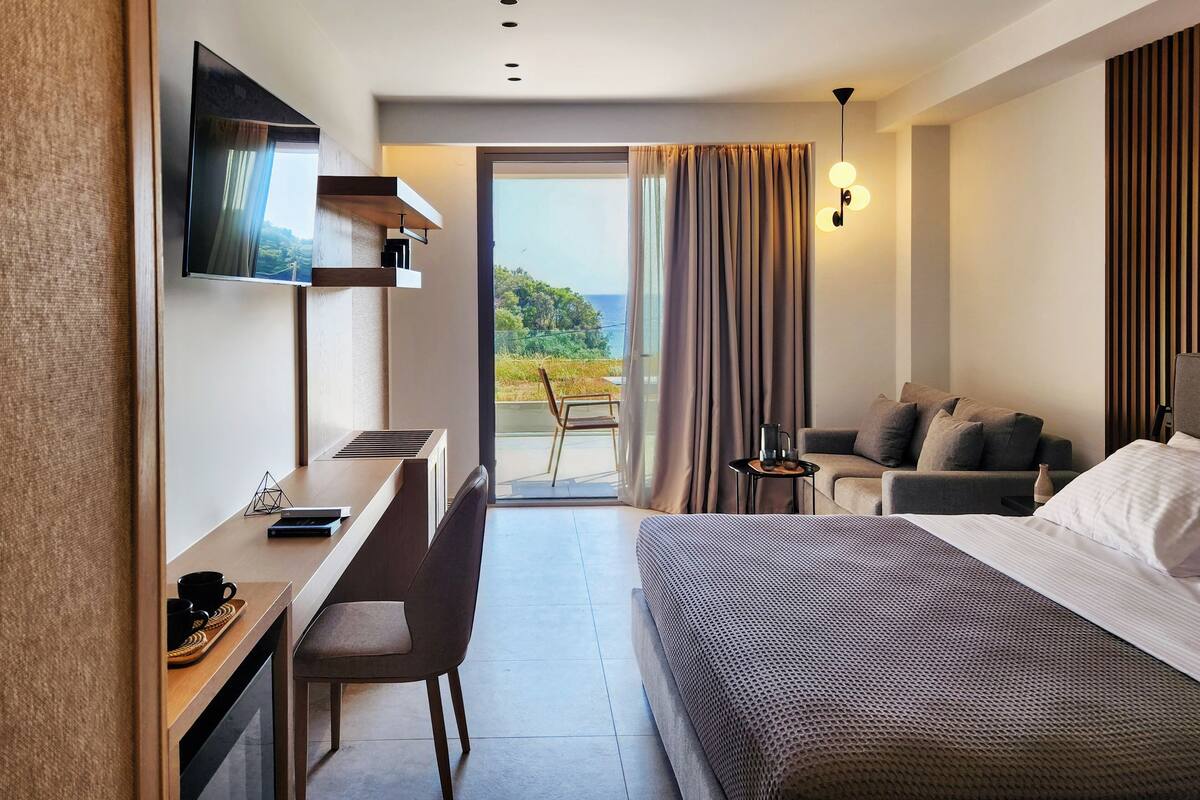 Habitació d'hotel amb un llit, una taula de treball, una cadira, un televisor i vista a l'exterior.