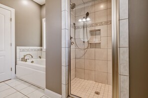 Shower, hair dryer, towels - Spacious 4BR Home: Desks & Smart Tvs in Every Room (Fayetteville)