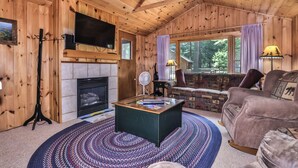 A cozy cabin interior with a fireplace, a television mounted on a wooden wall, a sofa, and a large window offering a view of the outdoors. - Estrold's Resort- Driftwood Cabin (St.Germain)