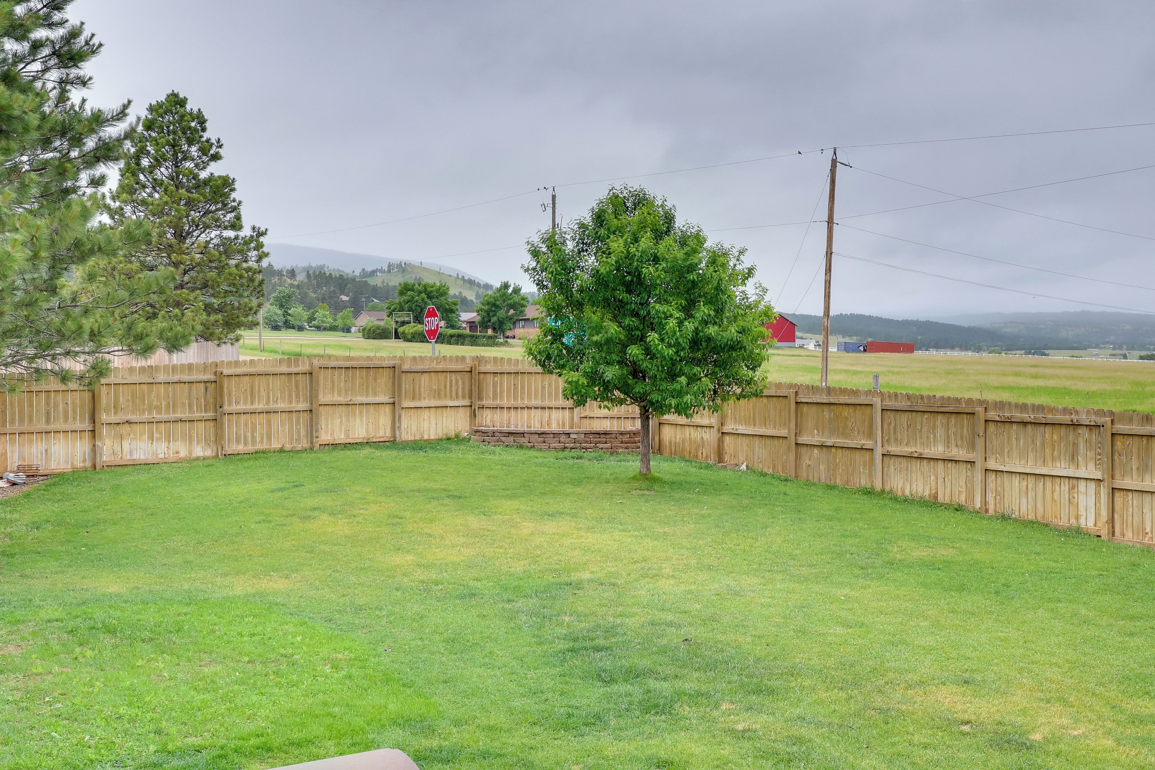 A fenced backyard with a tree, a stop sign, and a distant red barn.