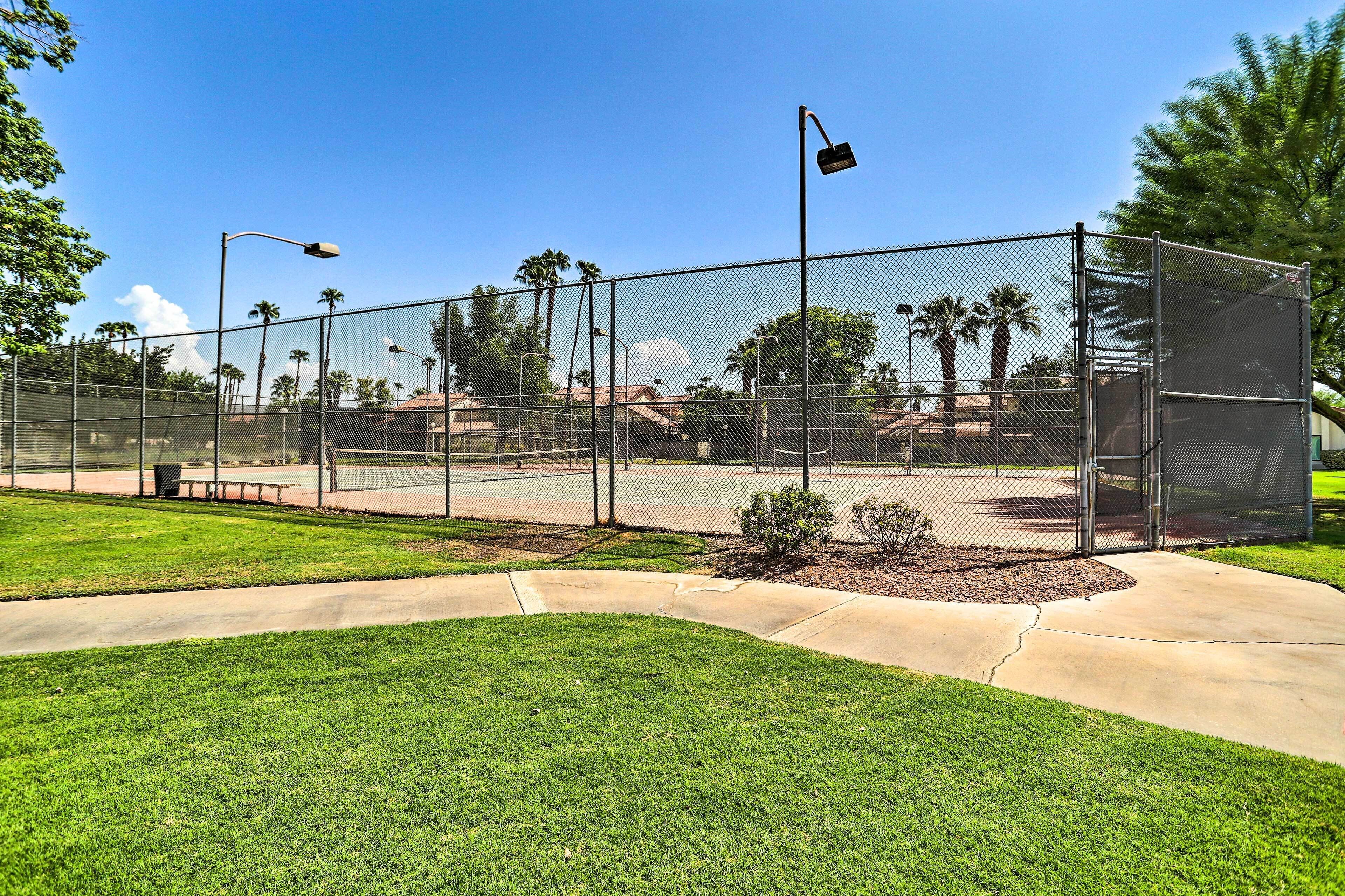 A fenced tennis court with a clear sky, palm trees, and a well-maintained lawn.