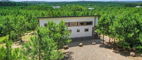 Une cabane de plain-pied avec une allée de gravier, entourée d’une forêt dense de pins, se dressant sur un fond de collines douces et sous un ciel dégagé.