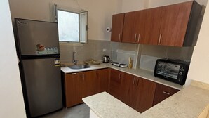 Una cocina compacta con refrigerador, armarios de madera, microondas y pileta.
