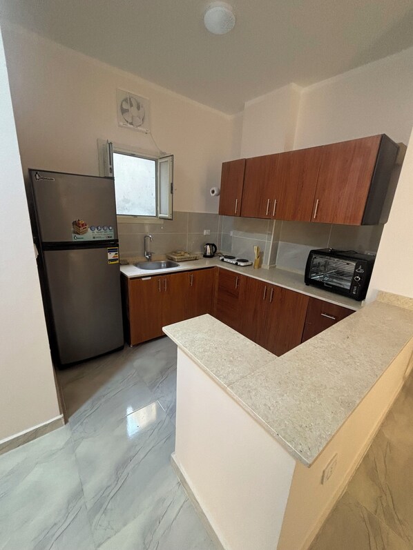 Fridge, oven, stovetop, electric kettle