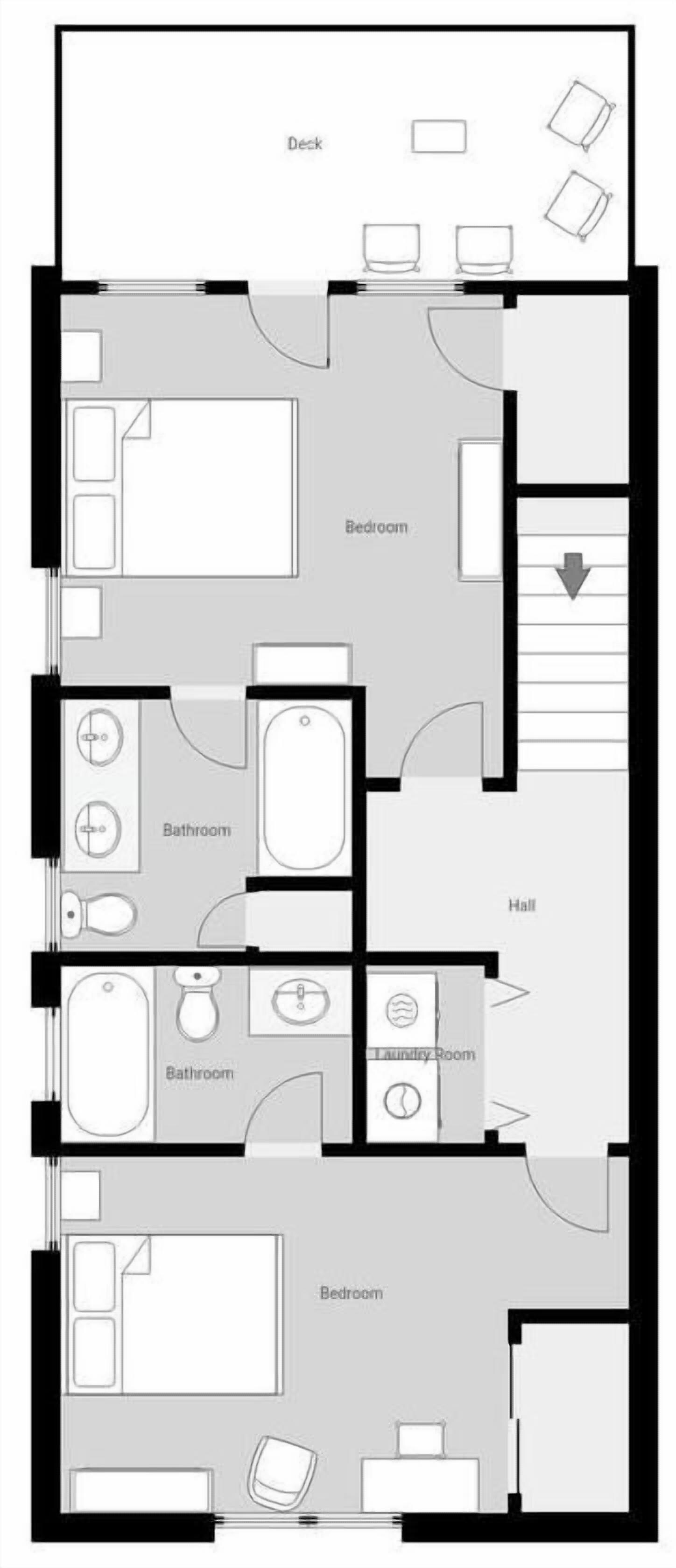 Ein Grundriss eines Hotels mit einem Schlafzimmer, zwei Bädern, einem Waschraum, einer Diele und einem Deckbereich.