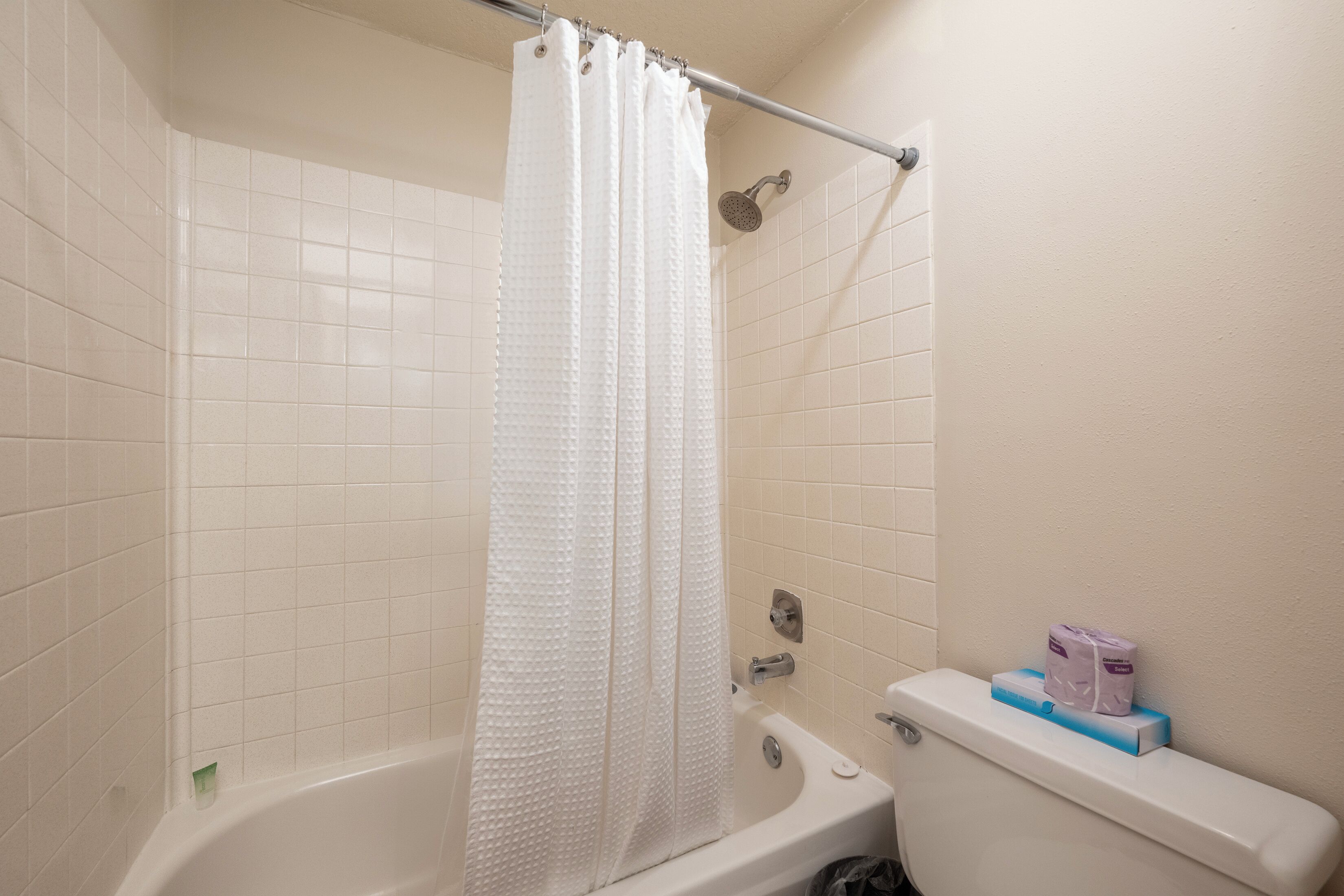 Un bagno con vasca, servizi igienici e tenda da doccia.