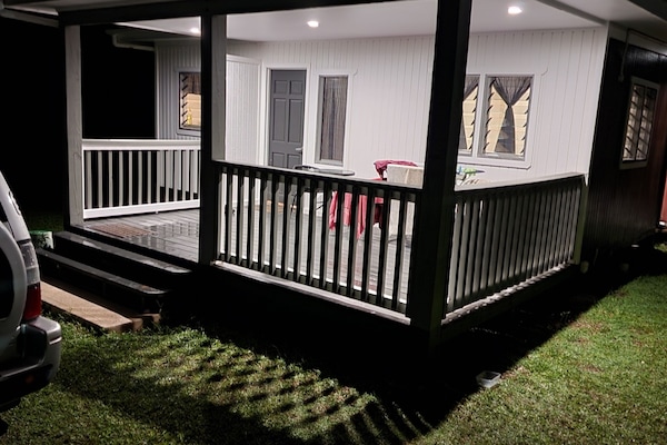 Exterior view at night.